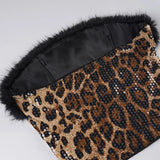 Purpdrank  Sequins Leopard 2 Piece Set for Women Fashion Furry Strapless Sleeveless Crop Tube Top and Mini Pencil Skirt Matching Suit