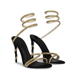 Purpdrank  Glitter Crystal Decor High Thin Heels Sandals Women Shiny Snake Shaped Elastic Strap Design Sandalias Summer Party Dress Shoes