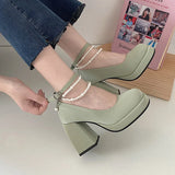 Purpdrank - Vintage High Heels Mary Jane Shoes for Women 2023 Patent Leather Platform Pumps Woman Pearls Chain Thick-Heeled Shoes Female