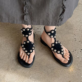 Purpdrank   Women's Black Cow Suede Low Heel Sandal Summer Fashion Studded Decor Thong Sandals Ankle Strap Slip-On Summer Beach Shoes