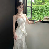 Purpdrank  Stunning Atmosphere Pure Desire Three-Dimensional Flower Strapless Dress Sexy Slim Long Dress