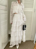 Purpdrank  Luxury Women's Blouse Set and Skirt Flower Hollow Hook Lace Shirt+High Waist Cake Skirt Set New Collection White Dress Set