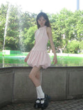 Purpdrank  Sweet Neck Hanging Pendant Sleeveless Dress Women College Solid Slim Pleated Fresh Cute Pink Summer Lady Flower Bud Short Skirts