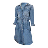 Purpdrank  Spring Dresses For Women Long Sleeve Lapel Button Dresses With Pockets Denim Lapel Jeans Turn-Down Collar Knee Length Dress Robe