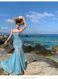 Purpdrank  Nile Garden Beach Vacation Lace Strap Dress for Women Summer Waist Slimming Bodycon Long Dress