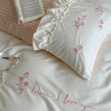 Purpdrank  Rose Flowers Embroidery 100% Cotton Korean Princess Style Plaid Bedding Set Duvet Cover Flat/Fitted Bed Sheet Pillowcases 4Pcs