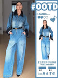 Purpdrank  Retro Polo Collar Workwear Denim Jumpsuit Women'S Spring And Autumn Color Blocked High Waisted Wide Leg Pants