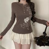 Purpdrank  Basic Floral Ribbed T-Shirt Casual O-Neck Long Sleeve Tees Women Autumn Spring Fashion Streetwear Ladies Layering Tops Y2K