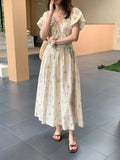 Purpdrank  Summer Bohemian Floral Printed Women's A-line Dress 2025 New V-neck Puff Sleeve Casual Loose Umbrella Long Dress Female