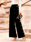Purpdrank  Women's Trendy Gold Button High Waist Wide Leg Black Pants Loose Solid Color  Elegant Office Work Casual Trousers Bottoms