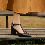 Purpdrank  New Fashion Lacquer Leather T-shaped Pumps Round Toe Square Heel Straw Shoes French High Heels One Button Baotou Sandals