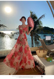 Purpdrank  Super Fairy Large Swing Atmosphere Pink Rose Flower Retro Square Neck Strap Long Dress Design Sense Beach Vacation Dress