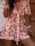 Purpdrank  Elegant V-neck Short Sleeve Vacation Rompers Lady High Waist Loose Playsuits Bohemian Style Pattern Printed Lace Up Jumpsuits