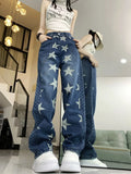 Purpdrank  Splicing Star Print Design American High Street Jeans Women's Niche Loose Straight Leg Pants