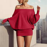 Purpdrank  Fashion Off Shoulder Sheer Mini Dress For Women Hot Sexy Long Sleeve Pleated Party Dresses Bodycon Solid Color Short Dress
