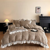 Purpdrank  Vintage Lace Ruffles Striped Plaid Floral Bedding Set Pure Cotton Double Layer Crinkle Yarn Duvet Cover Bed Sheet Pillowcases