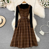 Purpdrank - High Quality Fall Winter Women Sweater Overalls Dress Sets Casual Knitted Tops +Plaid Woolen Dress 2 Piece Sets Outfits Female