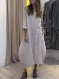 Purpdrank  Summer Fashion New Women's Elegant Loose Cotton Hemp Dress Round Neck Solid Color Half Sleeve Long Dress