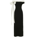 Purpdrank  Elegant Off Shoulder Maxi Dress for Women Fashion Color Match Bow Ribbon Sleeveless Slim Bodycon Evening Party Long Dress