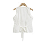 Purpdrank  Summer Plain White Spliced Lace V neck Sleeveless Tank Women Open Buttons Slim Waist Tie Bow Sashes Back Tank Top Crop Tops