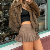 Purpdrank  Y2K Twill Low Waist Pleated Mini Skirt American Retro Side Zipper Short Skater Skirts With Shorts lining