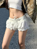 Purpdrank  Sweet Plaid Lace Trim Shorts Casual Loose Bandage Patchwork Low-Waisted Shorts Women 2025 Summer Fashion Streetwear Lady