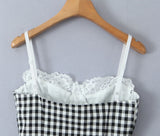 Purpdrank  Sexy Black White Plaid Spliced Lace With Wire Chest Corset Camis Women Side Zipper Crop Top Camisoles Bra Tank Vest