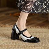 Purpdrank  New Patent Leather Mary Jane Women's Shoes LEISURE Buckle Shallow Pumps Square Toe Thick Heel Shoes Woman Zapatos De Mujer