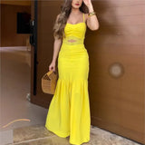 Purpdrank  Sexy Hollow Off Shoulder Slim Evening Dress Elegant High Waist Pleats Suspender Dress New Yellow Lace Patchwork Women Long Dress