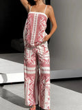 Purpdrank  Square Collar Spaghetti Strap Two Pieces Sets, Women Summer Fashion Printing Chic Outfit, Wide Leg Pants Patchwork Ladies Suits