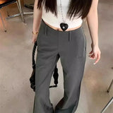 Purpdrank  Korean Gray Low Waist Wide Leg Trousers Vintage Women's Flare Pants Autumn Office Lady Wear Casual Baggy Drappy  Pants 530A