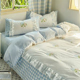Purpdrank  Korean Princess Style Double Layer Lace Flower Embroidery 100% Cotton Bedding Set Plaid Style Duvet Covers Bed Sheet Pillowcases