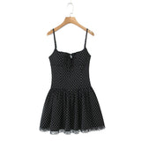 Purpdrank  Sexy Spaghetti Strap Dress for Women Summer Black Polka Dots Lace Edge A-line Slim Slip Dresses Female Bow Lace-up Beach Dress