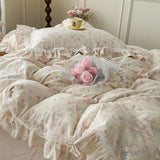 Purpdrank  French Floral Ruffles Princess Bedding Set Double Layer Yarn Pure Cotton Duvet Cover Set Pillowcases Flat/Fitted Bed Sheet 4Pcs