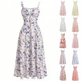 Purpdrank  Women's Floral Print Spaghetti Strap Maxi Dress Slim Fit Tie Front Ruched Vintage Boho Dresses Holiday Vacation Summer Sundress