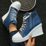 Purpdrank  New plus Size High Top Canvas Shoes Women's Platform Thick Bottom Slope Heel Single Shoes Heightening Slimming Fashion