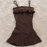 Purpdrank   New Summer Style Literary Retro Temperament Design Polka Dot Printed Suspender A-line Skirt for Women Brown Short Skirt