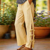 Purpdrank  Casual Linen Cotton Trousers Elastic Waist Side Split Tie Design Loose Pants