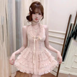 Purpdrank  Japanese Sweet Cute Summer Bow Tie Bandage Cake Mini Dress Y2k Women Design Dress Lace Backless Hanging Neck Vestidos Treny