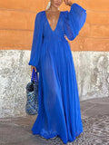 Purpdrank  Elegant Long Dress Women Loose Chiffon V Neck Long Sleeves High Waist Vestidos Female 2025 Spring Summer Solid Evening Dresses