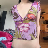 Purpdrank  Y2K Women Floral Print Flying Sleeve Crop Top Vintage 2000s Fitted Back Lace-up V Neck T-shirt Summer Fashion Tees