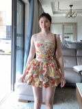 Purpdrank  Summer Floral Print Halter Dress Women's Beach Vacation Pure Desire Waist-Cinching Puffy Short Skirt Sexy Girl Style Midi Dress