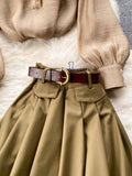 Purpdrank - Autumn Winter Women Two Piece Sets Stand Collar Puff Sleeve Ruffled Tops and Empire Slim Skirt with Belt Office Lady Suits