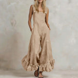 Purpdrank  New Summer Ruffle Hem Wide Leg Jumpsuit Women Button Square Neck Casual Loose Romper Retro Sleeveless High Waist Pocket Playsuit