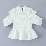 Purpdrank  Stylish White Embroidery Hollow Out Flower Slash Shoulder Short Sleeve Tank Top Women Elastic Waist Ruffles Hem Crop Tops