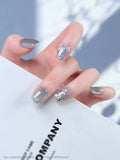 Purpdrank  10pcs Handmade Blue Silver Cat eye Press On Nails Square Short Dreamy Shiny Fake Nails Holographic Flake Decor False Nail