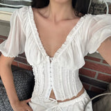 Purpdrank  Sweet White Embroidery Hollow Out Hole Splice Lace Elastic U Collar Short Sleeve Shirt Women Center Buttons Slim Crop Tops