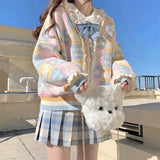 Purpdrank  Sweet Cute Lace Knitted Open Cardigan Spring Autumn Loose Cartoon Print Casual Sweater Fresh Style V-neck Long Sleeve Sweater