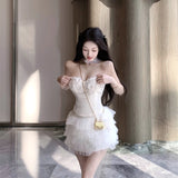 Purpdrank  Luxury Sequined Halter Strapless Top for Women Summer Beautiful Set Sweet Splicing Camisole and Cake Skirt Sexy Two-piece Sets
