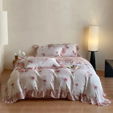 Purpdrank  4Pcs Lyocell Soft Silky Cooling Summer Bedding Set Rose Floral Prints Ruffles Duvet Cover Set Bed Sheet/Fitted Sheet Pillowcases